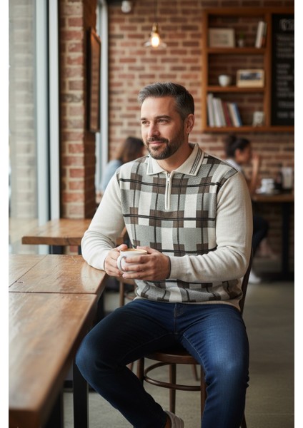 Erkek Çelik Örgü Ekose Desenli Gömlek Yaka Fermuarlı Polo Yakalı Tüylenmez Triko Kışlık Baba Kazak fırsatları