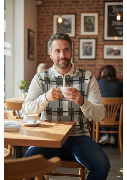 Erkek Çelik Örgü Ekose Desenli Gömlek Yaka Fermuarlı Polo Yakalı Tüylenmez Triko Kışlık Baba Kazak indirimleri