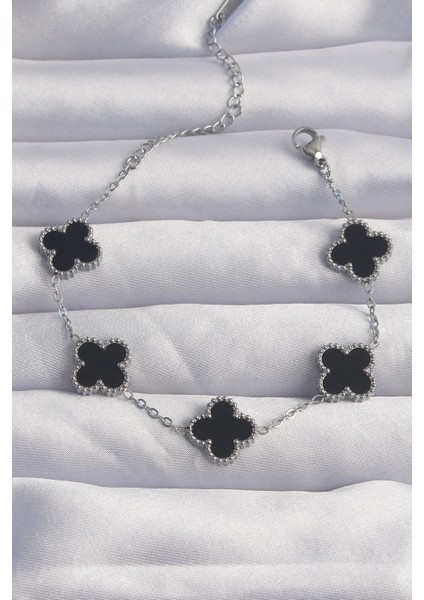 Bfs 316L Çelik Gümüş Renk Siyah Mineli Yonca Bileklik