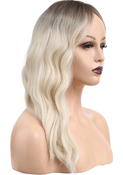 Dalgalı Perçemli Fiber Sentetik Orta Boy Peruk - Kahverengi / Beyaz Platin Ombreli modelleri