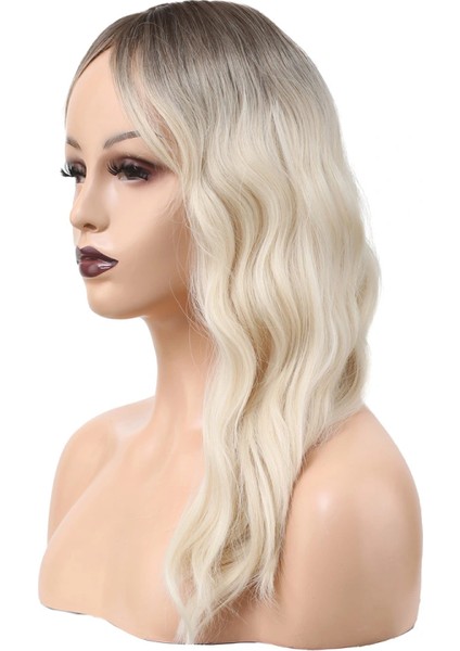 Dalgalı Perçemli Fiber Sentetik Orta Boy Peruk - Kahverengi / Beyaz Platin Ombreli fırsatları