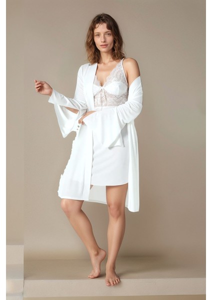 Kadın Ekru Penye Gelin 6'lı Çeyiz Seti Sabahlık & Gecelik & Pijama Şortlu Takım W9U6O2K0KKA