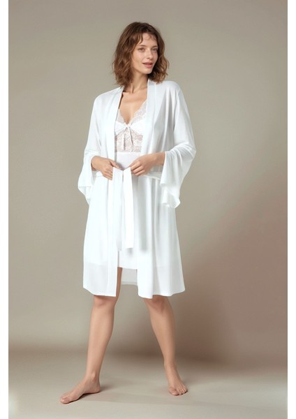 Kadın Ekru Penye Gelin 6'lı Çeyiz Seti Sabahlık & Gecelik & Pijama Şortlu Takım W9U6O2K0KKA fiyatları