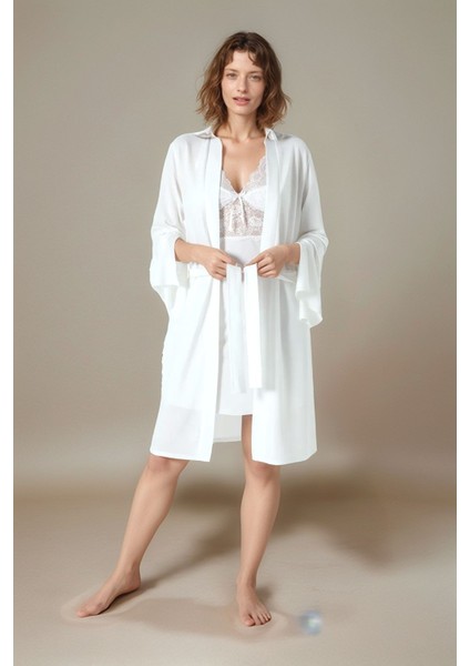 Kadın Ekru Penye Gelin 6'lı Çeyiz Seti Sabahlık & Gecelik & Pijama Şortlu Takım W9U6O2K0KKA modelleri