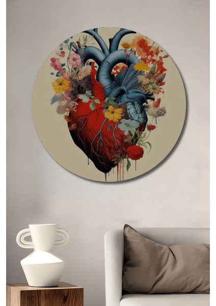 Dekoratif Ahşap Yuvarlak Tablo Çiçekli Kalp