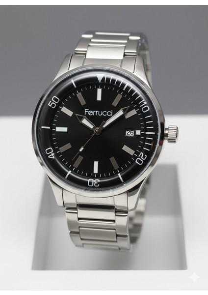 Ferrucci Erkek Kol Saati Gümüş(Silver) Renk, Siyah Kadran - Şık Metal Kordon, 2 Yıl Garantili