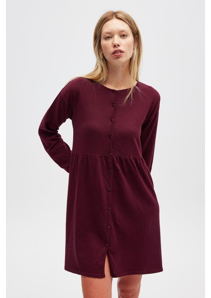 Leah Büzgülü Düğmeli Mini Triko Gömlek Elbise - Bordo modelleri