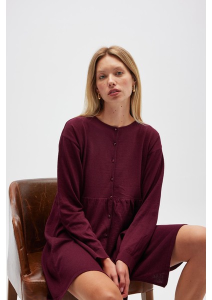 Leah Büzgülü Düğmeli Mini Triko Gömlek Elbise - Bordo indirimleri