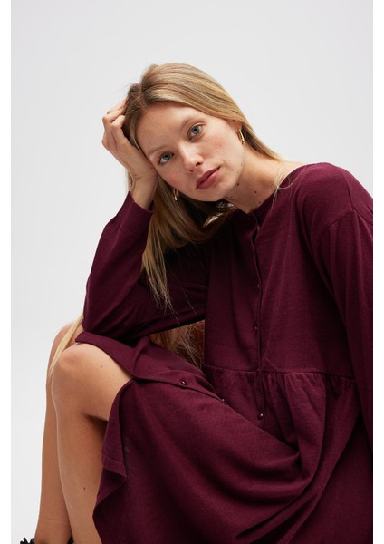 Leah Büzgülü Düğmeli Mini Triko Gömlek Elbise - Bordo