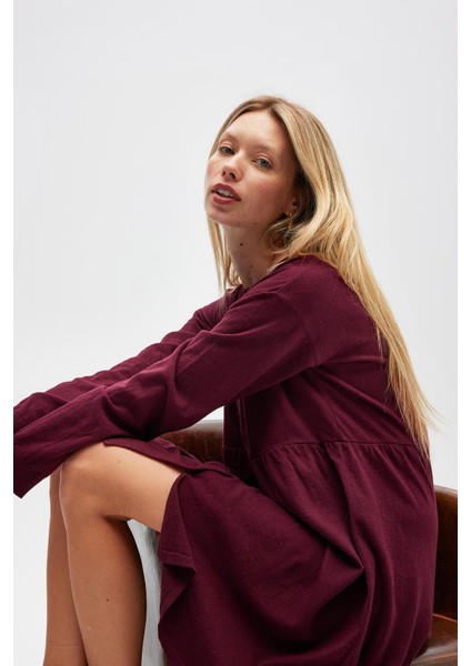 Leah Büzgülü Düğmeli Mini Triko Gömlek Elbise - Bordo