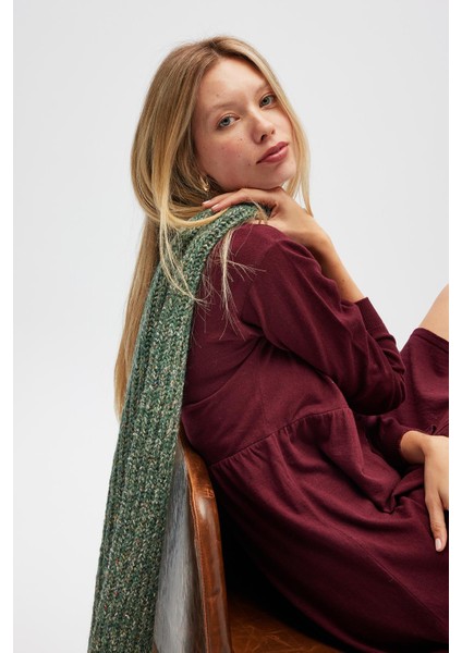 Leah Büzgülü Düğmeli Mini Triko Gömlek Elbise - Bordo