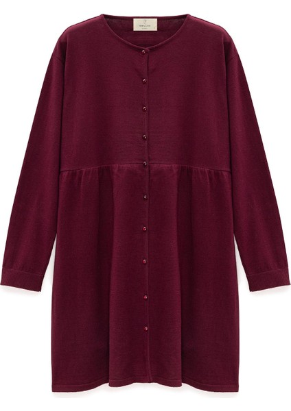 Leah Büzgülü Düğmeli Mini Triko Gömlek Elbise - Bordo