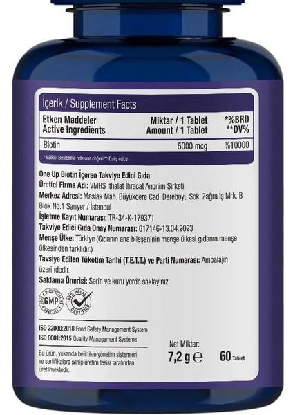 One Up Biotin 5000 Mcg 60 Tablet fiyatları