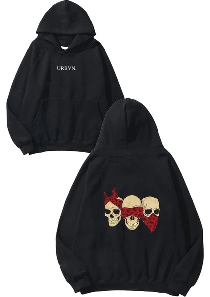 Three Skull Tasarım Baskılı Oversize Siyah Kapüşonlu Sweatshirt