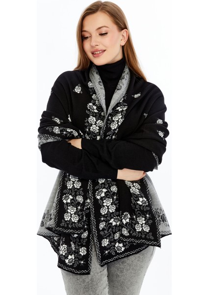 Güllü Model-Kadın,genç,anne,triko Omuz Şalı- Siyah- Kemik