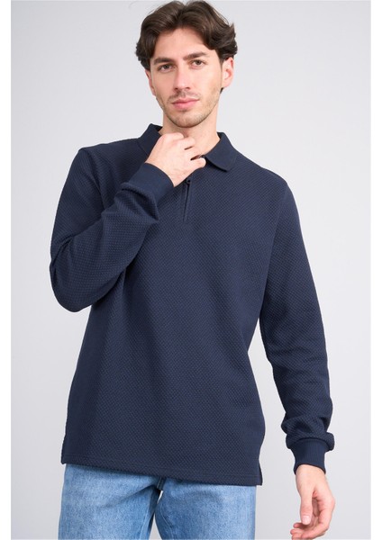 Çetinkaya Mentality 4415 Erkek Fermuarlı Dik Yaka Petek Örgü Sweatshirt Lacivert