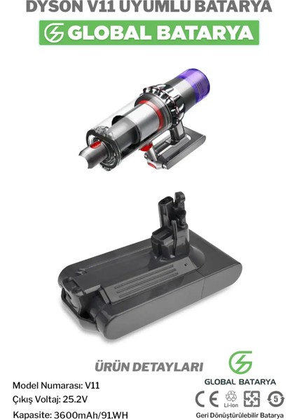 Dyson V11 Uyumlu Dikey Süpürge Bataryası 3600mah 25.2v Li-Ion Pil (Vidalı Model)