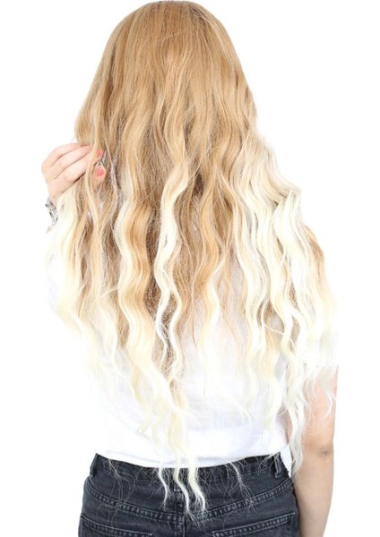 Perçemli Uzun Su Dalgası Fiber Sentetik Peruk - Balköpüğü / Platin Uzun Ombreli fırsatları