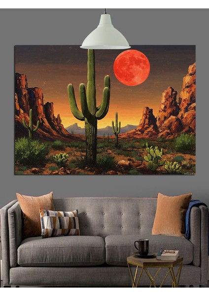 Çöl Manzarası Kırmızı Ay Tutulması Dekoratif Kanvas - Mdf Ahşap Tablo