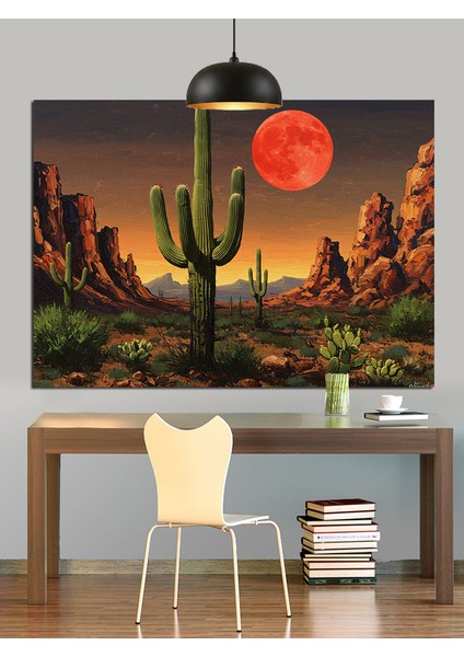 Çöl Manzarası Kırmızı Ay Tutulması Dekoratif Kanvas - Mdf Ahşap Tablo fiyatları