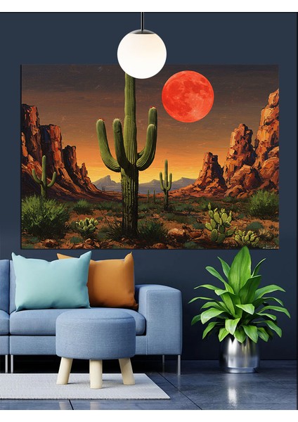 Çöl Manzarası Kırmızı Ay Tutulması Dekoratif Kanvas - Mdf Ahşap Tablo modelleri