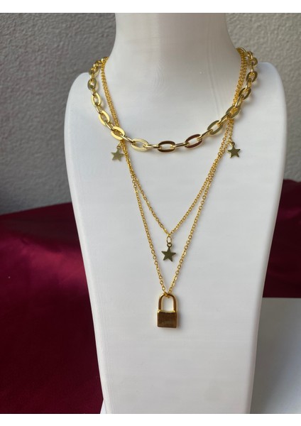 Kararmaz Çelik Kilit Detaylı 3 Lü Gold Kolye