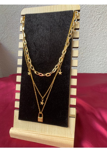 Kararmaz Çelik Kilit Detaylı 3 Lü Gold Kolye fiyatları