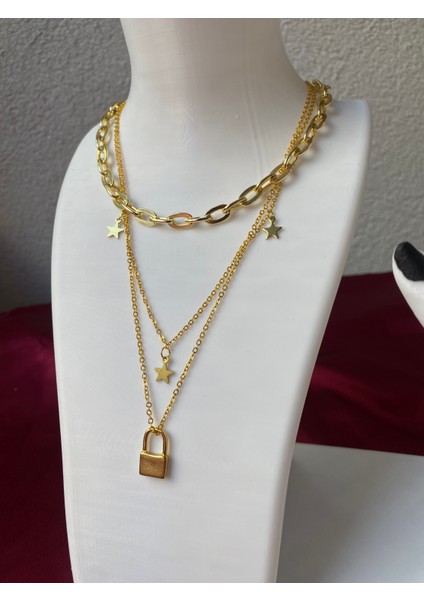 Kararmaz Çelik Kilit Detaylı 3 Lü Gold Kolye indirimleri