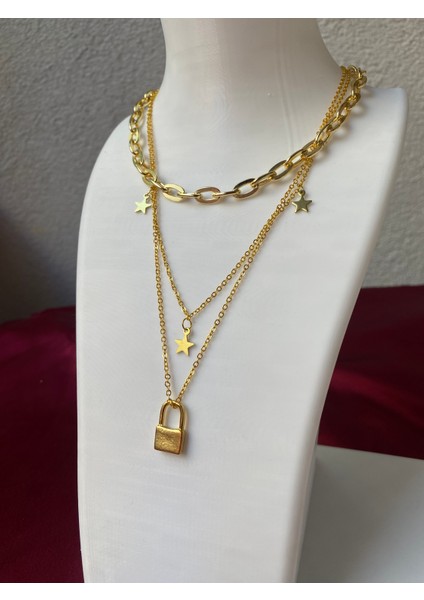 Kararmaz Çelik Kilit Detaylı 3 Lü Gold Kolye