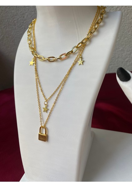 Kararmaz Çelik Kilit Detaylı 3 Lü Gold Kolye