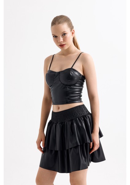 Suni Deri Gibeli Valonlu Kloş Mini Etek | ETK35846 Siyah modelleri