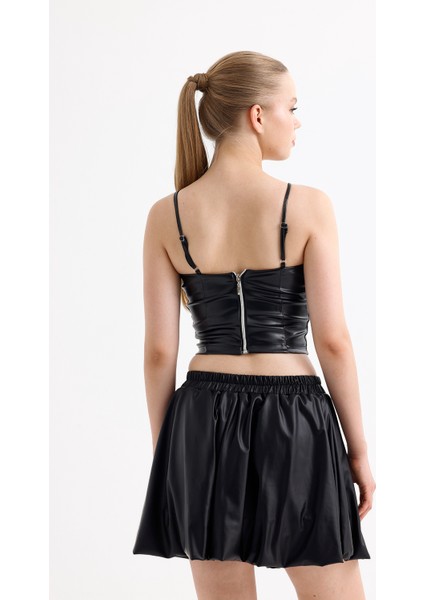 Suni Deri Gibeli Valonlu Kloş Mini Etek | ETK35846 Siyah indirimleri