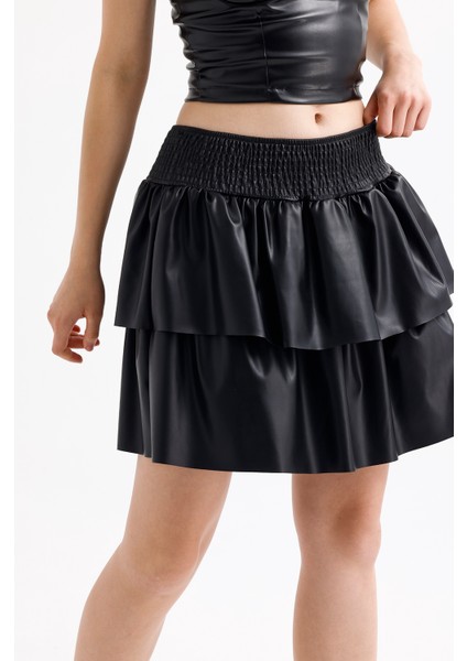 Suni Deri Gibeli Valonlu Kloş Mini Etek | ETK35846 Siyah
