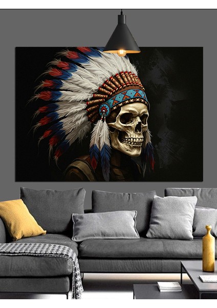 Kızılderili Tüylü Kafatası Portresi Dekoratif Kanvas - Mdf Ahşap Tablo