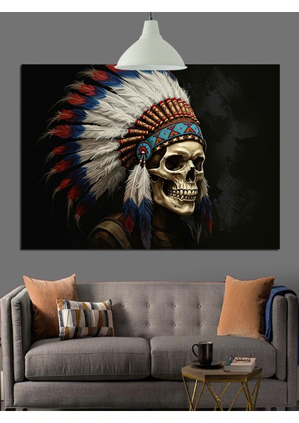 Kızılderili Tüylü Kafatası Portresi Dekoratif Kanvas - Mdf Ahşap Tablo fiyatları