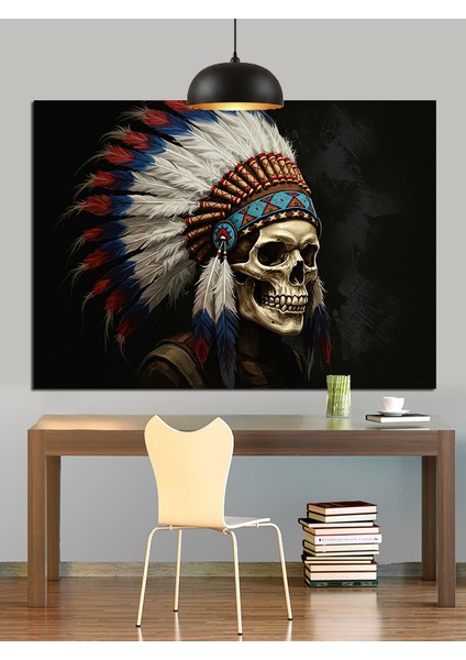 Kızılderili Tüylü Kafatası Portresi Dekoratif Kanvas - Mdf Ahşap Tablo modelleri