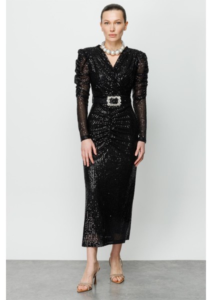 6574 Modailgi Büzgü Detaylı Payet Elbise