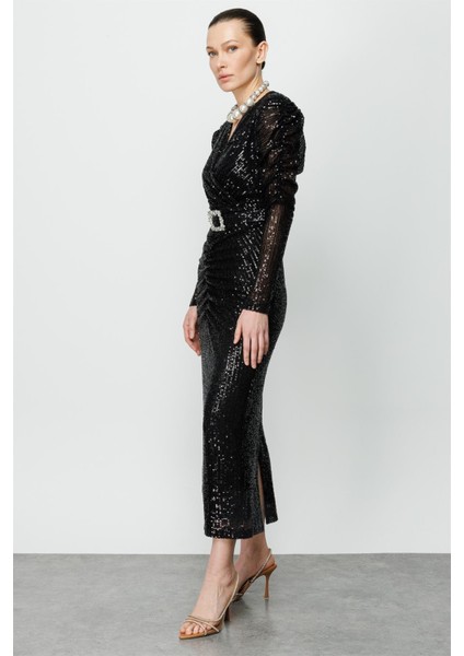 6574 Modailgi Büzgü Detaylı Payet Elbise fiyatları