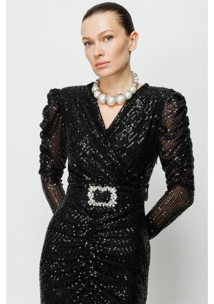 6574 Modailgi Büzgü Detaylı Payet Elbise modelleri