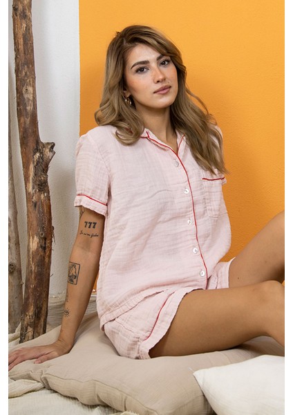 %100 Pamuk Müslin Kadın Şortlu Pijama & Ev Giyim Takımı – Pembe fiyatları