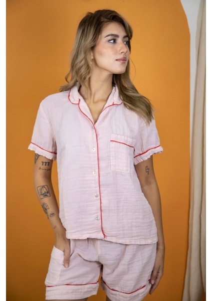 %100 Pamuk Müslin Kadın Şortlu Pijama & Ev Giyim Takımı – Pembe modelleri