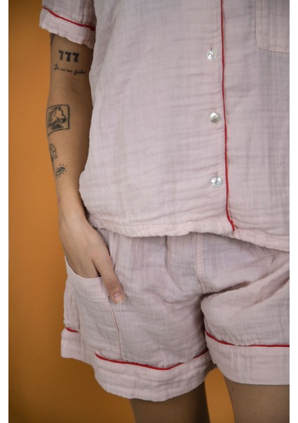 %100 Pamuk Müslin Kadın Şortlu Pijama & Ev Giyim Takımı – Pembe fırsatları