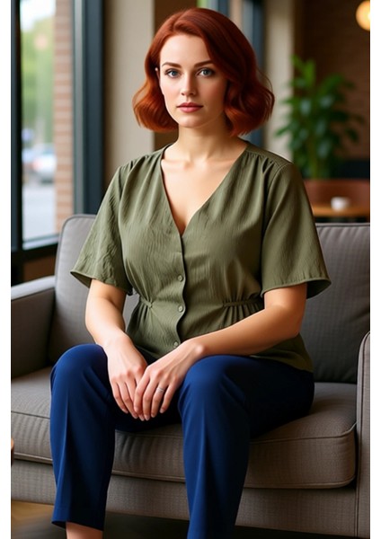 Kadın Moda Şık Büyük Beden Regular V Yaka Regular Kalıp Dokuma Bağlamalı Bluz