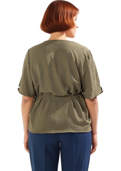 Kadın Moda Şık Büyük Beden Regular V Yaka Regular Kalıp Dokuma Bağlamalı Bluz modelleri