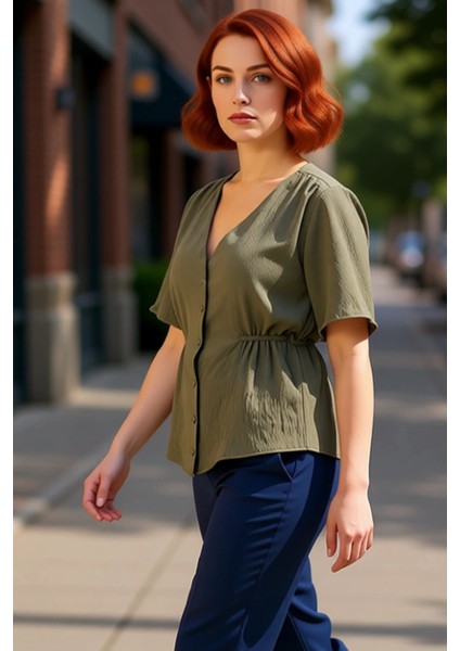 Kadın Moda Şık Büyük Beden Regular V Yaka Regular Kalıp Dokuma Bağlamalı Bluz fırsatları