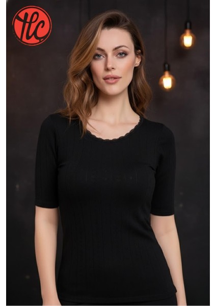 Kadın Hafif Rahat Ince ve Çok Yumuşak Kısa Kollu Jakarlı Dantelli Sıcak Tutan Termal Üst Içlik