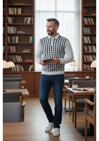 Erkek Çelik Örgü Gömlek Yaka Fermuarlı Polo Yakalı Dikine Zikzak Çizgi Tüylenmez Triko Kışlık Kazak