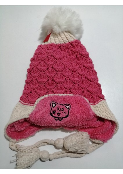 Kız Çocuk Kulak Korumalı Kedi Figürlü Içi Polar Ponponlu Örgü Bere 1-4 Yaş