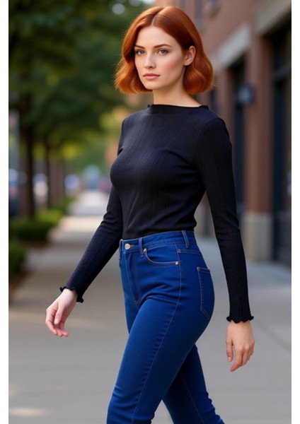 Genç Kadın Slim Fit Bisiklet Yaka Uzun Kollu Pointel Örme Üst Kaliteli Şık Rahat Modern Zarif fırsatları