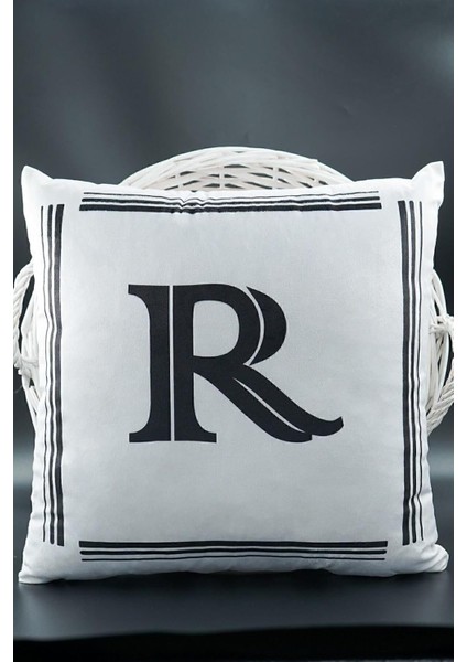 Harfli Kırlent Kılıfı Kadife 43X43 cm Çift Taraflı R Harfi Kedi Desenli Evlilik Teklifi Doğum Günü